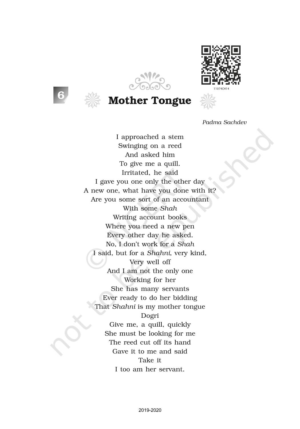 Poetry 6 Mother Tongue - NCERT Book of Class 11 English Woven Words